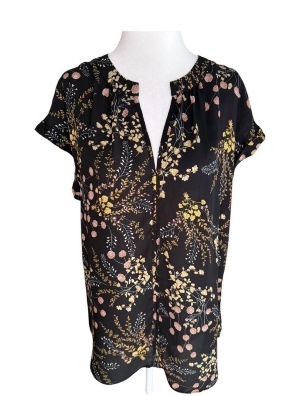 Philosophy Floral Print Black Split-Neck Women's Blouse